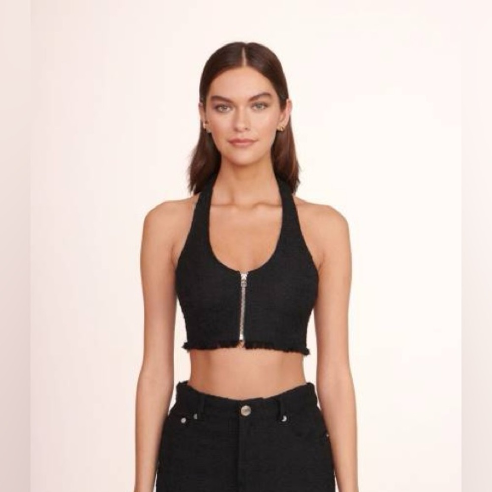 STAUD Becca Halter Neck Tweed Top in Black Size 16 Women’s Silver Zipper Crop